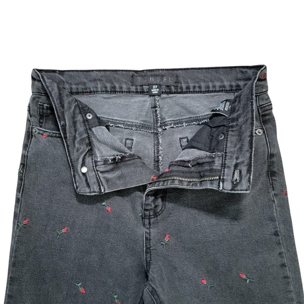 TINSEL DENIM COUTURE Dark Grey Washed Rose Embroidered Jeans Womens 27 Retro - Picture 9 of 14